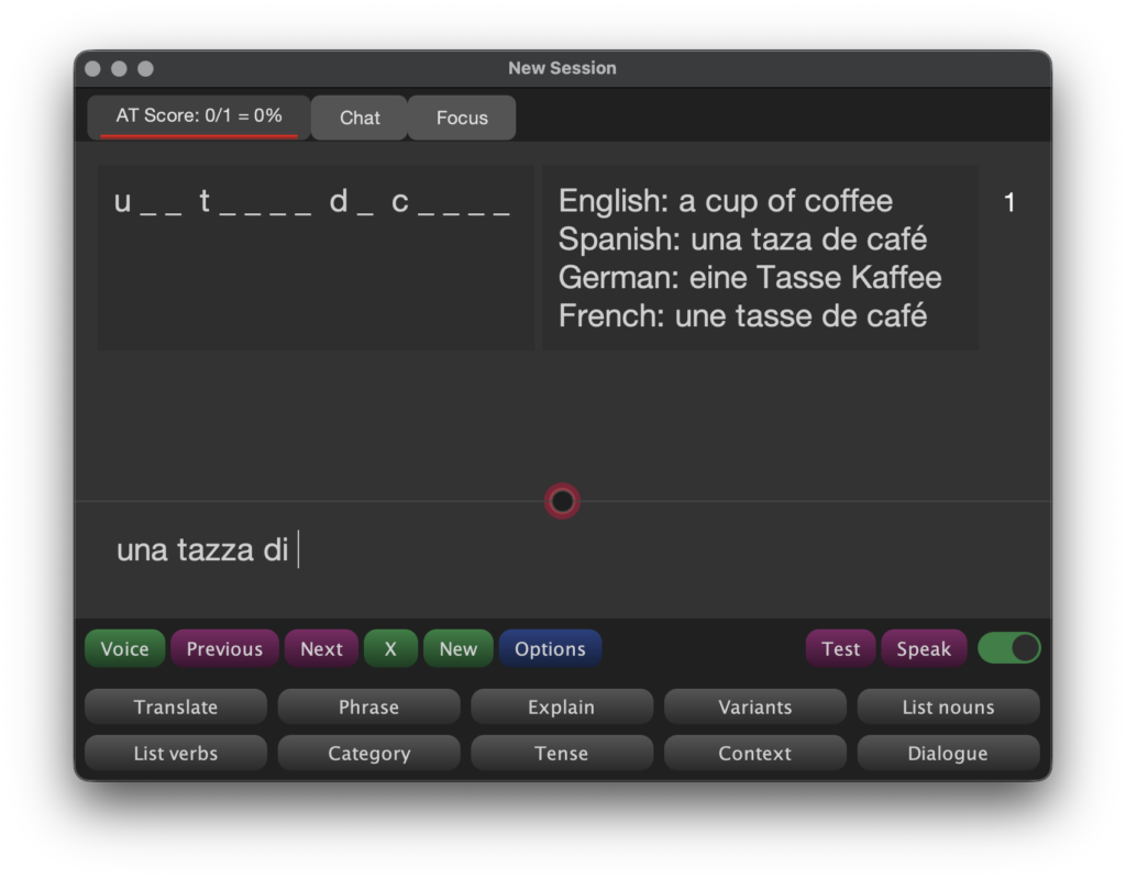Language Cracker in the Test mode - dark theme.